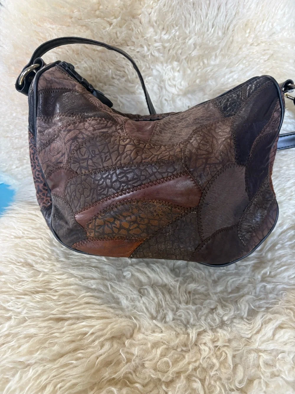 Vintage 70s Leather Patchwork Shoulder Bag Boho Multi Textured Earth Tone Purse